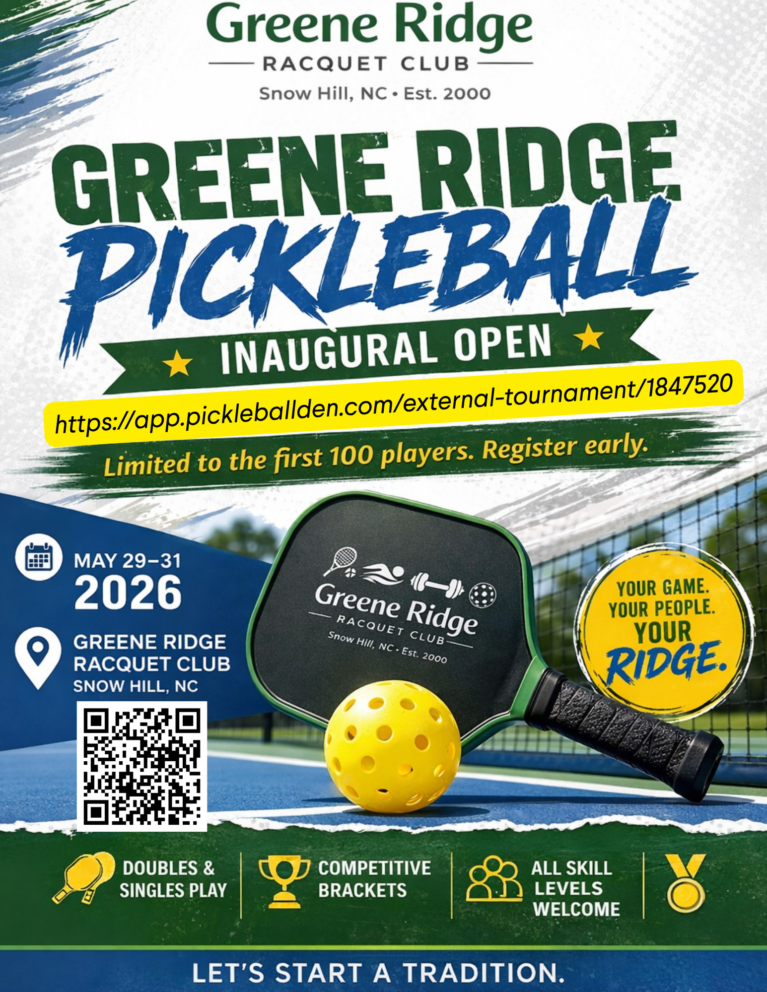 Greene Ridge Racquet Club Inaugural Pickleball Open tournament flyer in Snow Hill North Carolina
