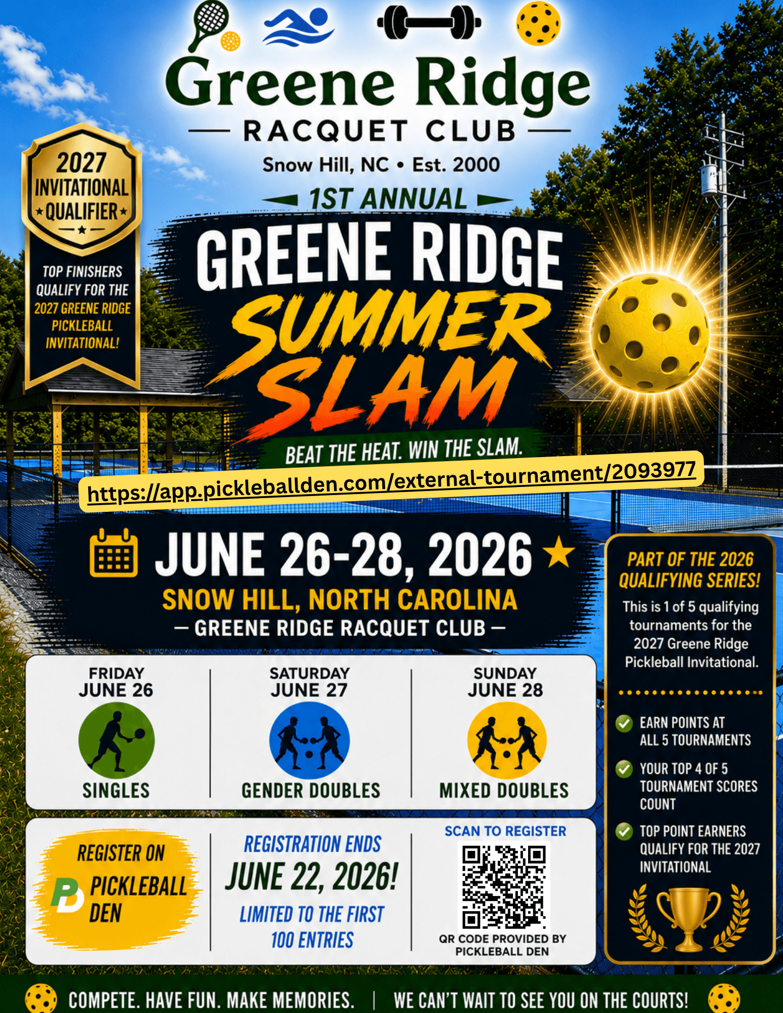 Greene Ridge Summer Slam pickleball tournament graphic for June 26-28, 2026 at Greene Ridge Racquet Club in Snow Hill North Carolina
